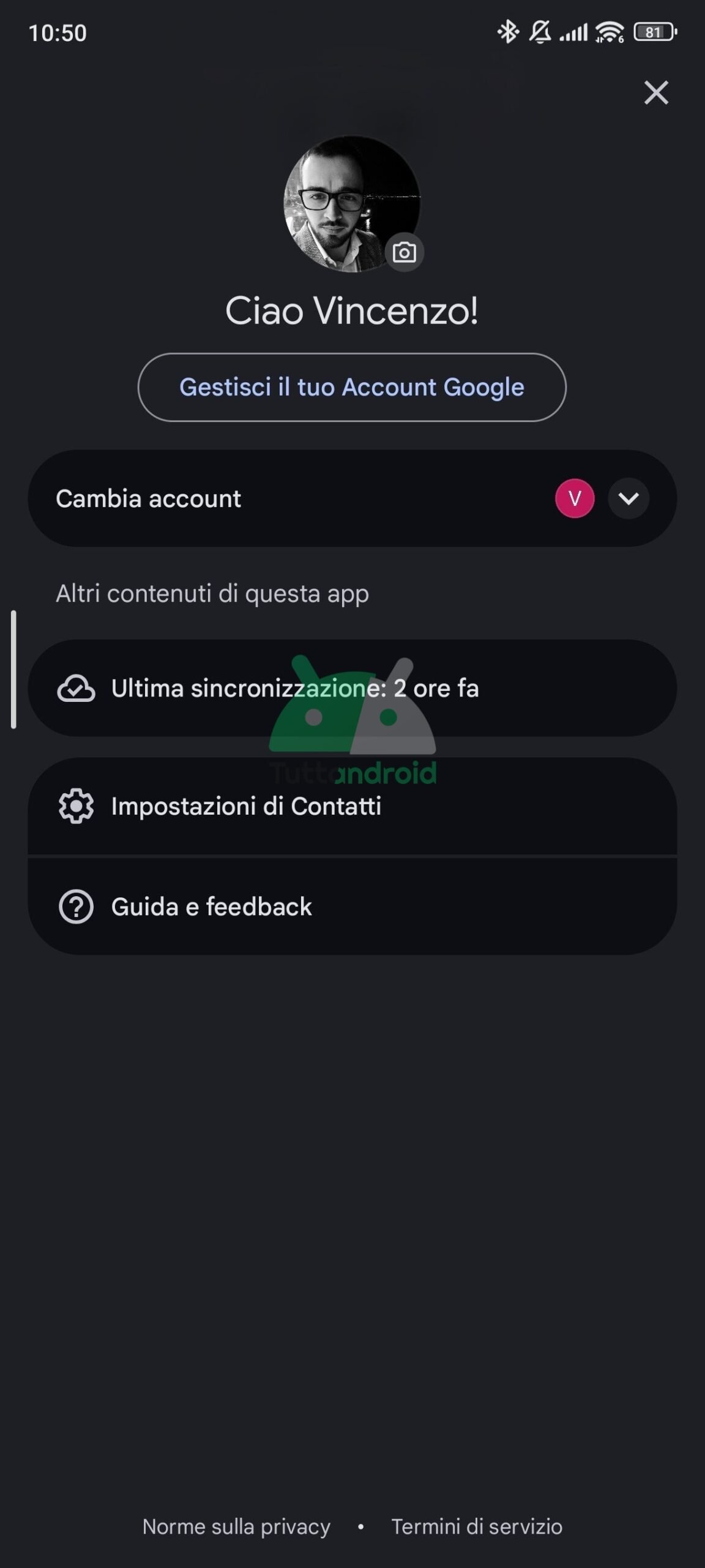 google contacts account menu in material 3 expressive