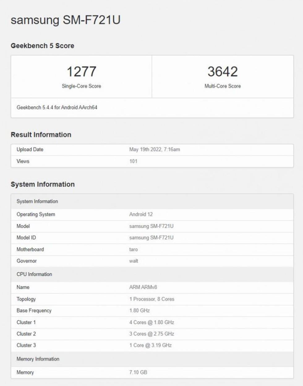 Samsung Galaxy Z Flip 4 results on Geekbench