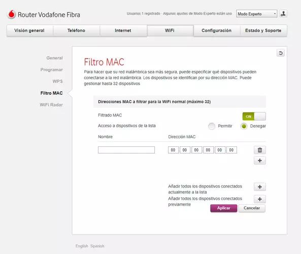 MAC filter in Vodafone router