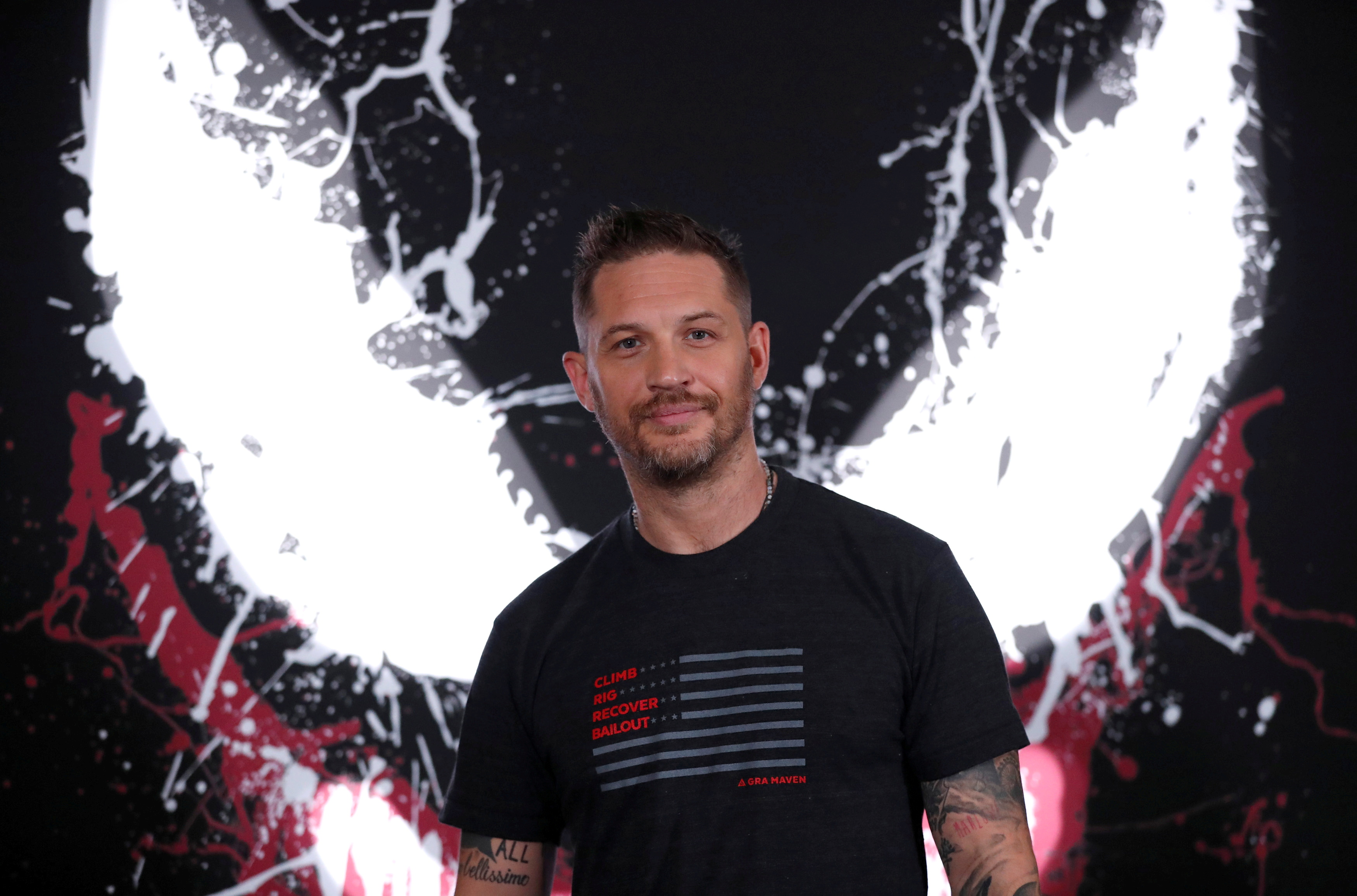 Cast member Tom Hardy poses at a photocall for the film "Venom" in Los Angeles, California, the United States, in September 2018. (REUTERS)
