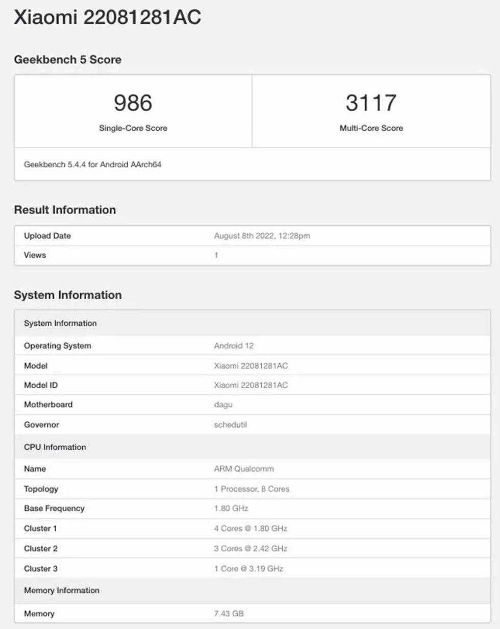 Xiaomi Pad 5 Pro result on Geekbench