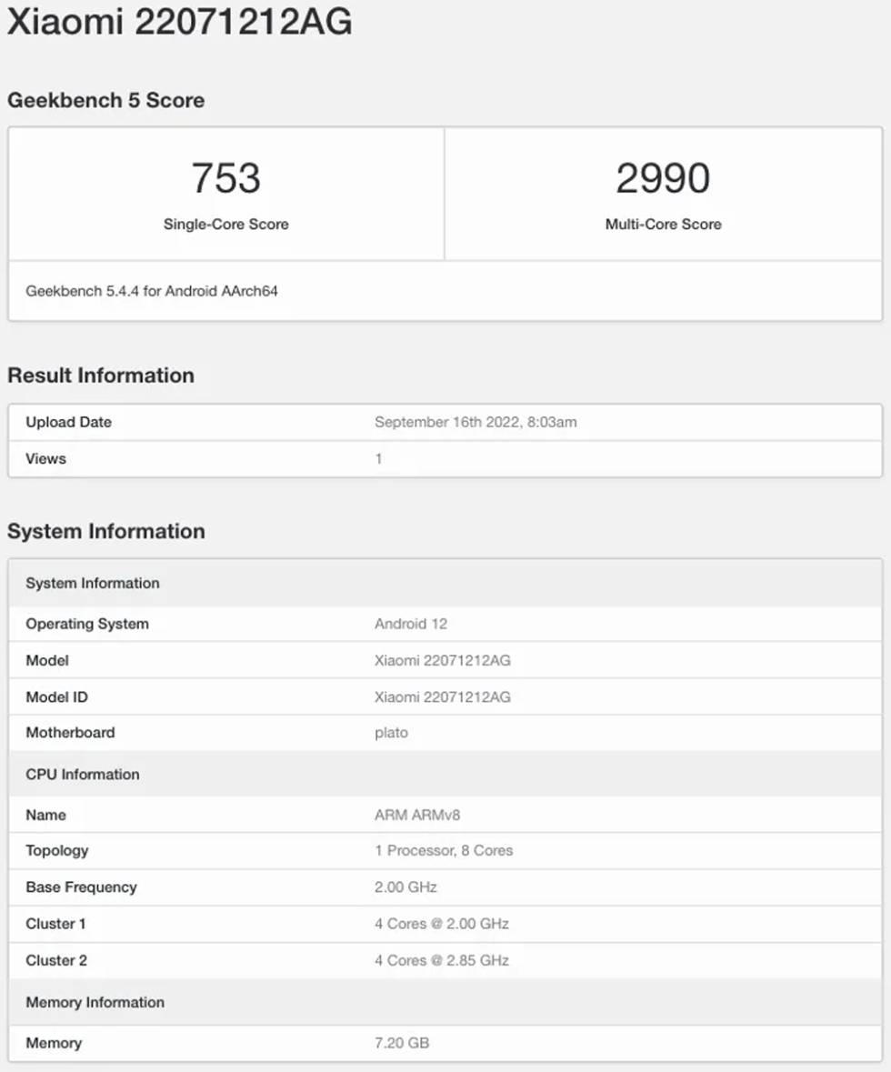 Result in Geekbench of the Xiaomi 12T