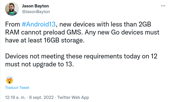 Android Go 13 hardware requirements according to Jason Bayton, Android Business Expert and Google Product Expert