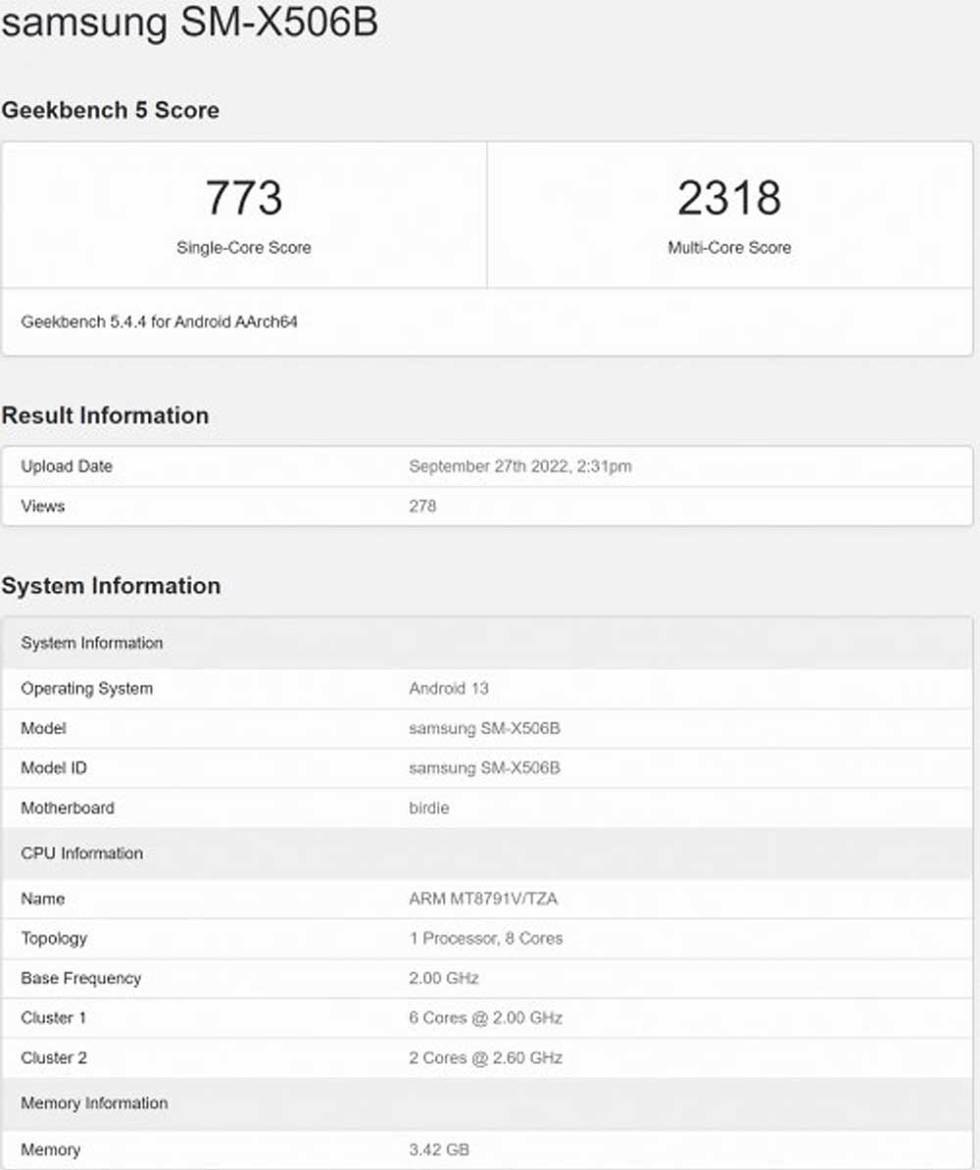Samsung Galaxy Tab S8 FE result on Geekbench