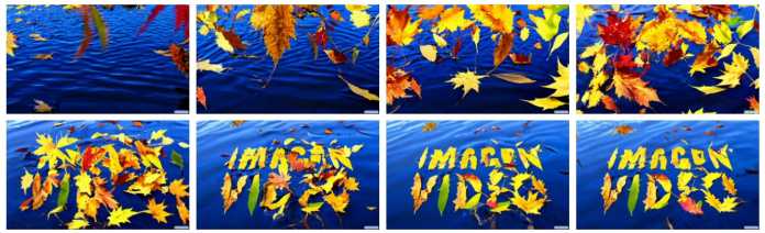 Google Imagen Video, examples of the prompt “A bunch of autumn leaves falling on a calm lake to form the text 