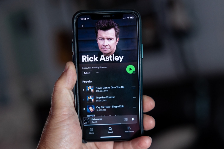 Rick Astley artist page on Spotify on an iPhone.