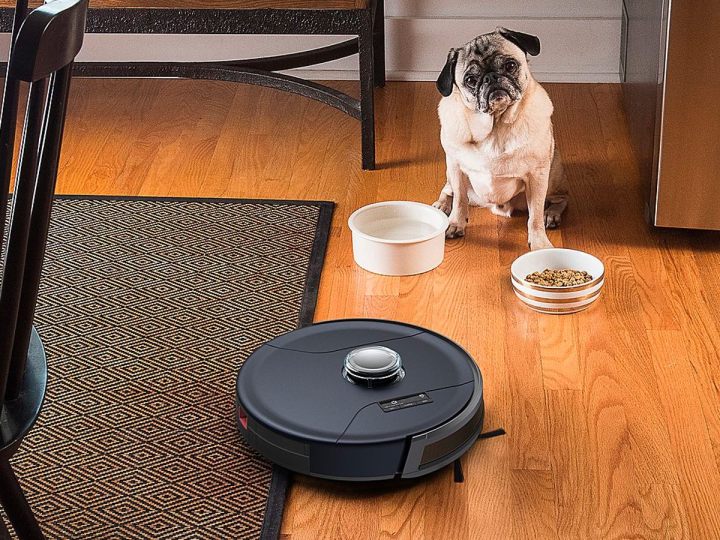 The bObsweep PetHair Slam robot vacuum cleans the floor while a nearby dog looks at its food.