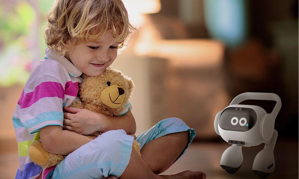 A child hugs a stuffed animal while LG's AI robot looks at him