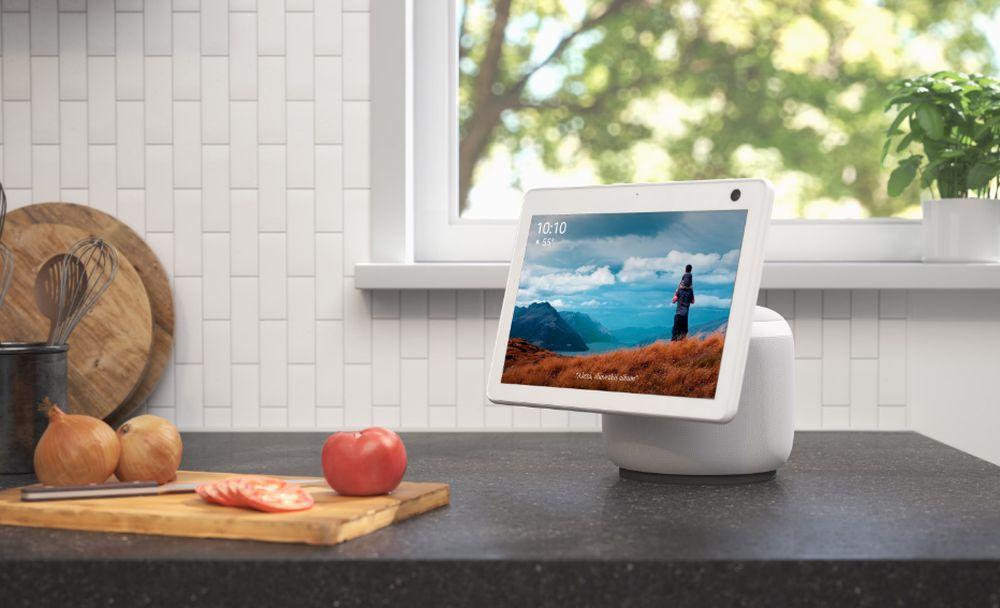 An Amazon Echo smart speaker with Alexa in the kitchen