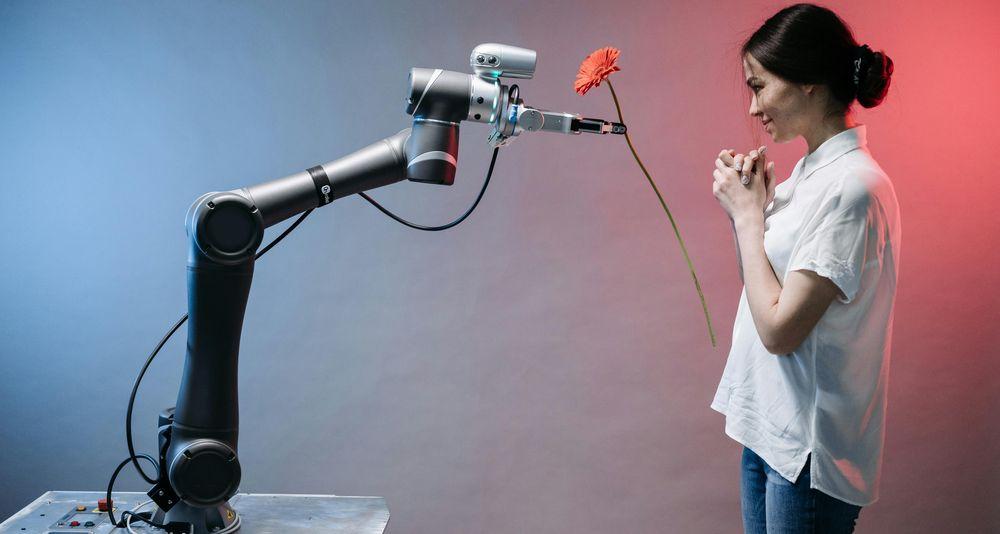 An AI robot giving a girl a flower