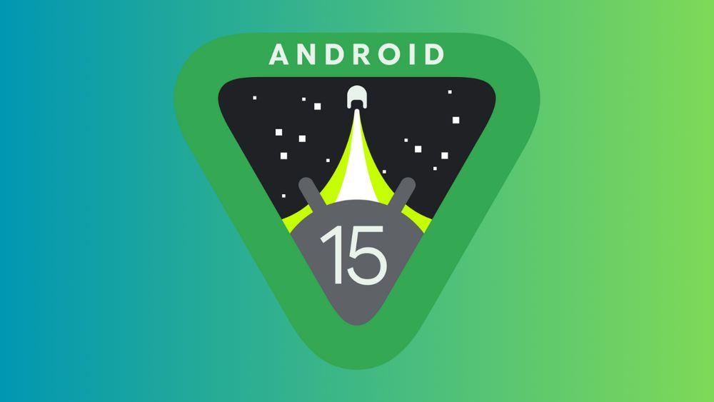 Android 15 logo with a background of various shades of green